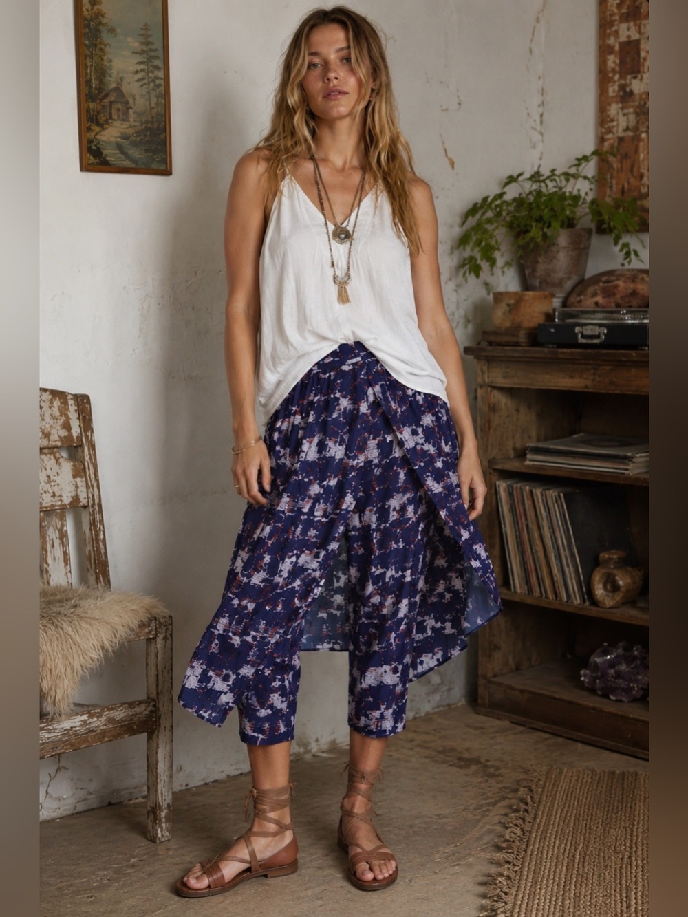 HD in Paris Womens Skirted Waterfront Pant Sz 4 Navy Blue Anthropologie Boho